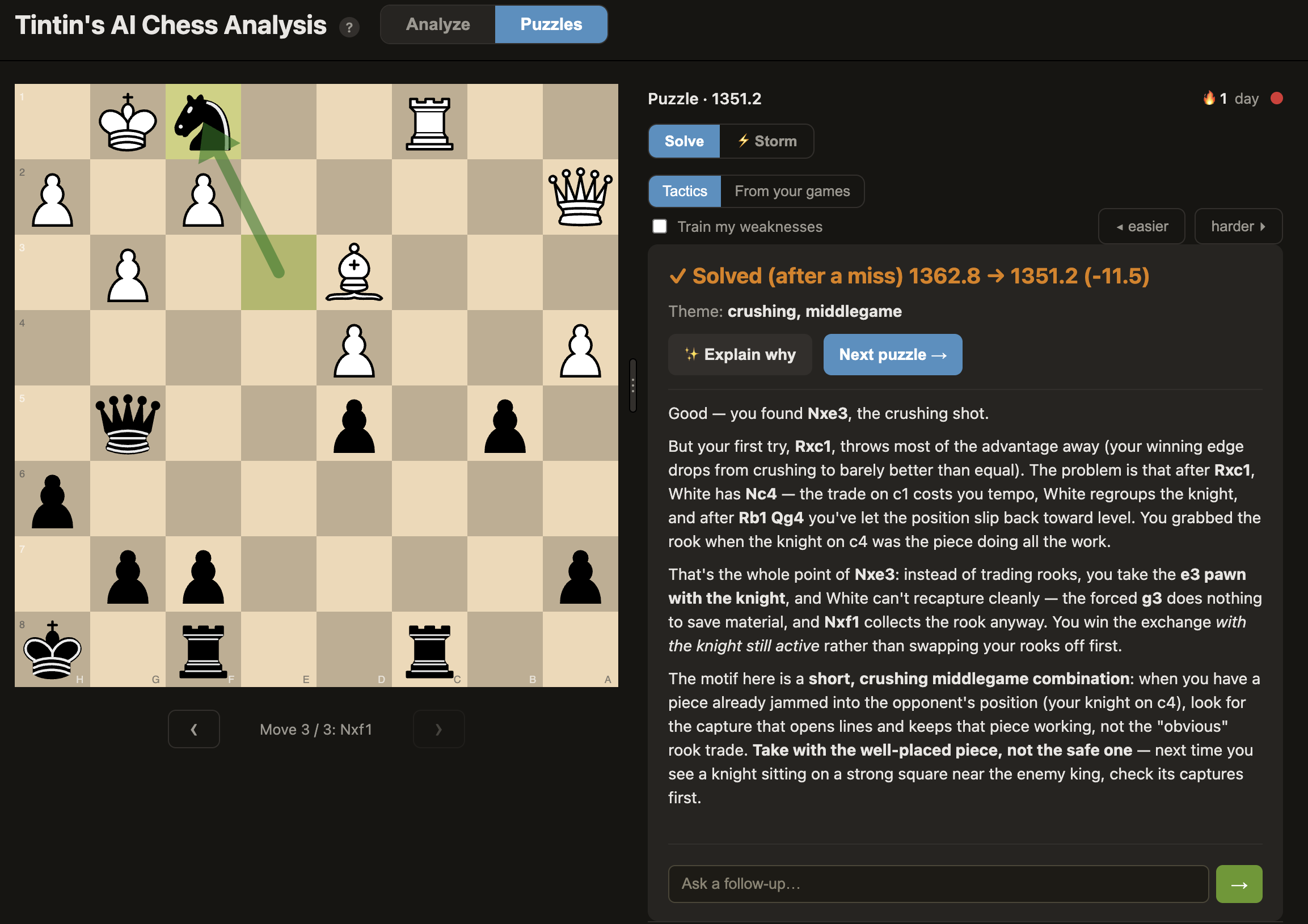 Puzzle mode: a solved tactic with the AI coach explaining the motif and why the first try fell short.
